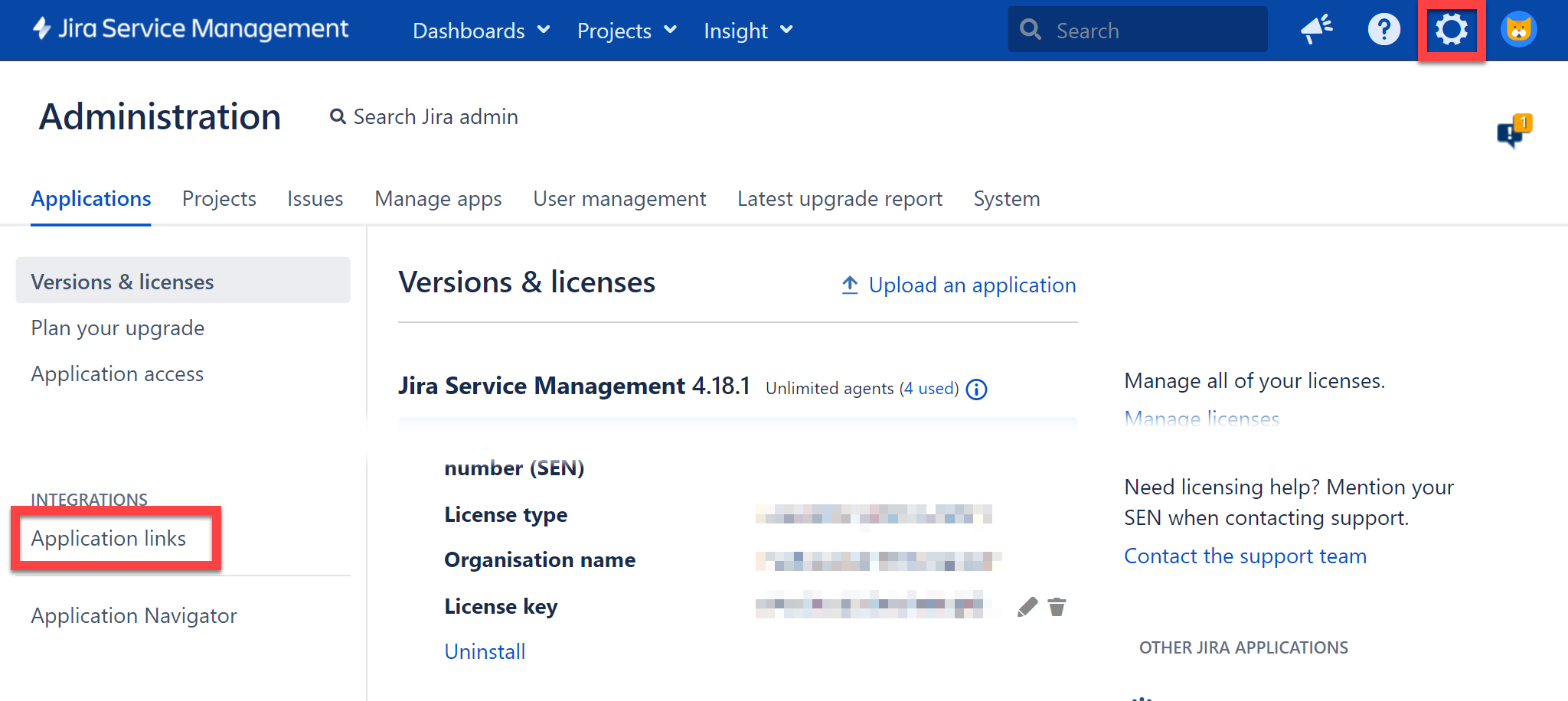 The Application links menu