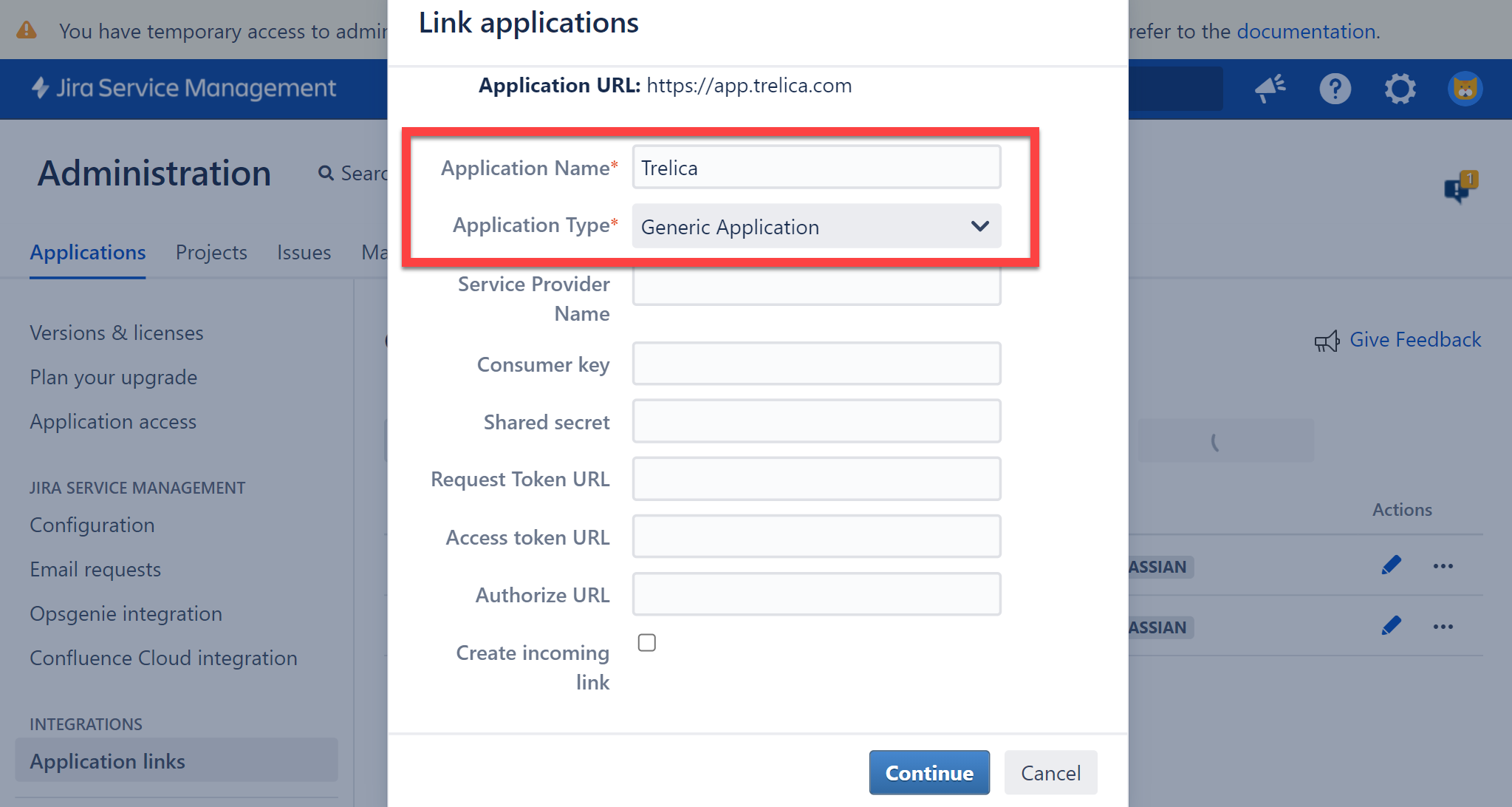 Link applications dialog